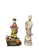 TWO ASIAN FIGURES INCLUDING CHINESE WUCAI PORCELAIN AND PORCELAIN GUANYIN BODHISATTVA FIGURE