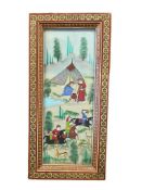 20TH CENTURY PERSIAN MINIATURE HUNT CAMP SCENE PAINTING IN INTRICATE INLAID FRAME