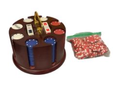 CHERRY FINISH CONTEMPORARY POKER CHIP CADDY LOADED WITH CHIPS AND LOOSE BAG OF CHIPS AND POKER CA...