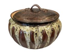 LARGE TERRACOTA HAND SPUN POTTERY POT WITH LID, EARTHTONE DRIP GLAZE POTTERY