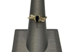 14K YELLOW GOLD EMERALD CUT BLUE SAPPHIRE AND DIAMOND RING