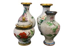 VINTAGE CHINESE WHITE CLOISONNE ENAMELED SMALL VASES AND SMALL JAR WITH TRADITIOANL FLORAL DESIGN