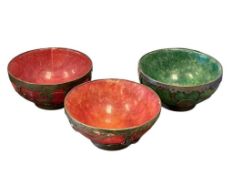 CARVED ALABASTER CHINESE DECORATIVE BOWLS WITH DECORATIVE SILVER OVERLAY