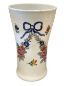 VICTORIAN PERIOD AHND BLOWN BRISTOL GLASS TALL VASE HAND DECORATED WITH RIBBONS AND FLOWERS