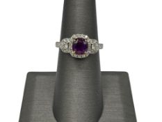 18K WHITE GOLD CUSHION CUT PURPLE-PINK SAPPHIRE AND DIAMOND RING FEATURING A GIA CERTIFICATE
