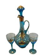 1950'S MID-CENTURY BOHEMIA ROMANIA AQUA BLUE GLASS DECANTER AND CORDIALS