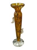 STUDIO ART GLASS TURTOISE SHELL AMBER ARTGLASS FLUTED VASE, HAND BLOWN ART GLASS