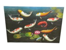 ORIGINAL OIL ON CANVAS PAINTING OF JAPANESE KOI FISH IN A POND FEATURING LOTUS FLOWER AND LILLY P...