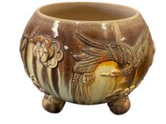 THREE FOOTED VINTAGE DRIP GLAZE POTTERY LARGE POT WITH PHOENIX AND FLORAL DESIGN