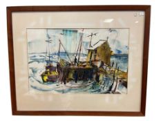 VINTAGE MID-CENTURY 1966 ORIGINAL WATERCOLOR OF FISHING BOAT PIER SIGNED BY ARTIST NELCY