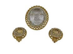 PARKLANE INTAGLIO CUT CAMEO GOLD TONE BROOCHA ND CLIP-BACK EARRINGS SET