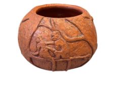 SIGNED HART COIL POTTERY SGRAFFITO CLAY POT WITH CARVED IMAGERY