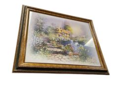 PRINT BY ANDRES ORPINAS FEATURING A COTTAGE WITH A SWAN AND CYGNETS IN POND