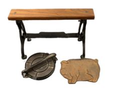 CAST IRON KITCHEN GADGETS, TORTILLA PRESS, PIG BACON PRESS, AND TOWEL HOLDER