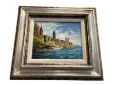 ORIGNAL OIL ON BOARD OF OF ITALIAN SEASCAPE FEATURING SEASIDE CITY AND WHITE SAILBOAT BY J. PASCINI