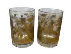 ANTIQUE BOHEMIA ZWISCHENGOLD ETCHED GOLD HUNTING SCENE WHISKEY GLASSES, PAIR