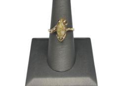 10K YELLOW GOLD MARQUISE SHAPED QUARTZ WITH GOLD SPECIMEN ACCENTED BY TWO ROUND CUT DIAMONDS