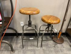 PAIR OF RUSTIC HOME DECOR WOOD AND METAL ROUND SWIVEL STOOLS WITH ADJUSTABLE HEIGHT