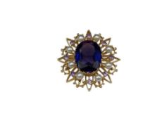 14K YELLOW GOLD PEARL AND LAB CREATED DEEP BLUE AND PURPLE COLOR CHANGE STONE BROOCH