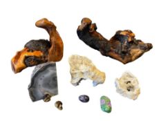 COLLECTION OF GEOLOGICAL SPECIMENS AND BURL WOOD DECOR