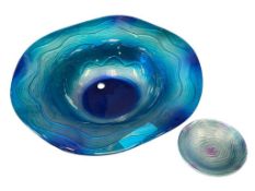 COBALT AND AQUA PAINTED GLASS HANGING BOWL AND SMALL MATCHING DISH