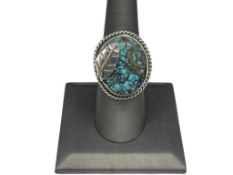 STERLING SILVER OVAL BLUE TURQUOISE RING FEATURING FIGURAL FEATHER ACCENT