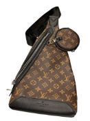 MARKED LOUIS VUITTON AVENUE DUO SLING BAG WITH BLACK AND BROWN MONOGRAM DESIGN