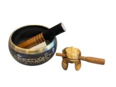 FROG GUIRO PRECUSSION INSTRUMENT AND TIBETAN SINGING BOWL WITH MALLET
