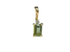 14K YELLOW GOLD EMERALD CUT GREEN TOURMALINE AND DIAMOND PENDANT