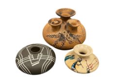 THREE SIGNED POTTERY MINIATURE VASES AND CARMA SIGNED 1982 SAND ART OIL LAMP