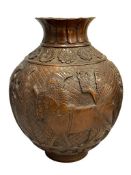 EARLY 20TH CENTURY PERSIAN SIAN HAND HAMMERED SOLID COPPER VASE WITH FIGURES AND FLORAL DESIGN