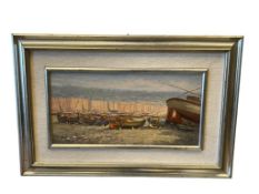 E. LAZETO ORIGINAL OIL PAINTING ON BOARD ITALIAN SCENE OF BEACHED BOATS