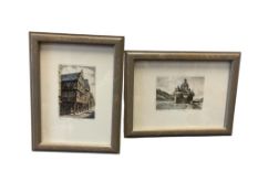 VINTAGE GERMAN HAND COLORED ETCHINGS OF PFALZGRAFENSTEIN CASTLE AND ALTES HAUS