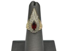 14K YELLOW GOLD GARNET AND DIAMOND ART DECO FASHION RING