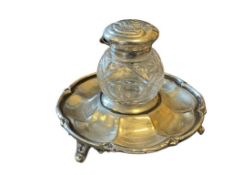 ART NOUVEAU ENGLISH SILVER PLATE INKWELL FOOTED TRAY AND CUT CRYSTAL INKWEL WITH HINGED TOP