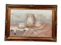 LARGE NATIVE AMERICAN SOUTHWEST SAND ART AND ACRYLIC PAINTING ON CANVAS