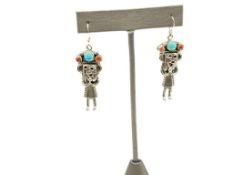 VINTAGE STERLING SILVER KACHINA DANGLE EARRINGS FEATURING TURQUOISE AND CORAL