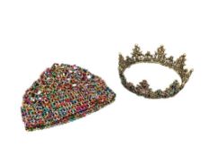 WOMENS FASHION COLORFUL ACCESORIES BEJEWELED TIARA AND BEADED MESH CAP