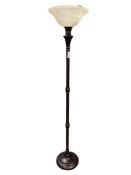 BRUSHED BRONZE TONE METAL TORCHIERE FLOOR LAMP WITH FROSTED GLASS SHADE