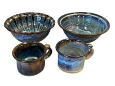 COBALT BLUE AND PURPLE DRIP GLAZE SIGNED STUDIO POTTERY BOWLS AND MUGS