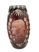 LARGE BOHEMIA RUBY RED CUT TO CLEAR ETCHED PORTTAIT VASE OF POPE JOHN PAUL II