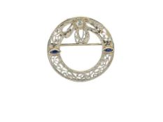 14K WHITE GOLD DIAMOND AND BLUE SAPPHIRE FILIGREE WREATH BROOCH