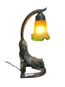 ROSA SIGNED TOSCANO DESIGN CROUCHING CAT ART GLASS LAMP IN STYLE OF 1930'S BRONZE BY CHARLES PAIL...