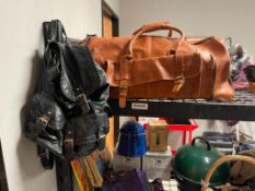 TRAVEL BAGS INCLUDING LARGE BROWN LEATHER DUFFLE BAG AND BLACK DRAW STRING BAG
