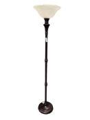 BRUSHED BRONZE TONE METAL TORCHIERE FLOOR LAMP WITH FROSTED GLASS SHADE
