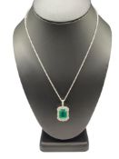 PLATINUM EMERALD CUT EMERALD AND DIAMOND FASHION NECKLACE