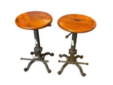PAIR OF CAST IRON IDUSTRIAL STYLE SCREW HEIGHT ADJUSTABLE BAR STOOL SWITH WOOD SEAT