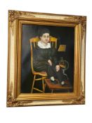 ORIGINAL OIL ON CANVAS OF AMERICAN SCHOOL IMAGE OF YOUNG BOY IN A CHAIR WITH HIS TOY BY HIS SIDE