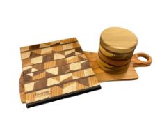 ARTISAN WOOD CRAFTS HAD TURNED CONTAINER, PHILLIP BUTLER GEMETRI CUTTING BOARD, BURL CUTTING BOARD