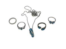 STERLING SILVE OPALITE JEWELRY INCLUDING PENDANT NECKLACE AND RINGS